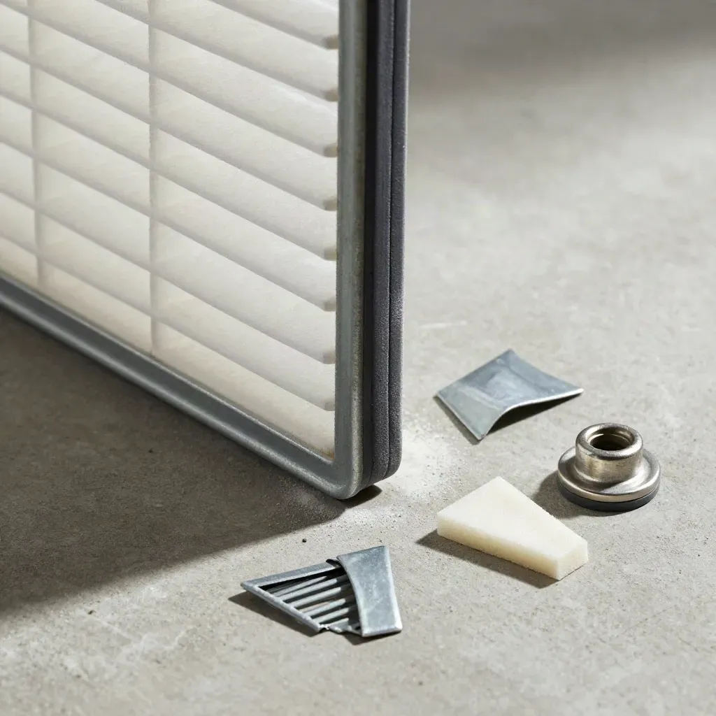 HVAC filter frame, anti-vibration pad, and steel edge on pale concrete, lit with soft shadows.