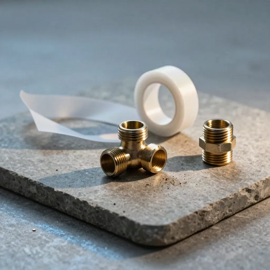 Brass fittings, PTFE tape and a coupling on stone, lit softly from above.