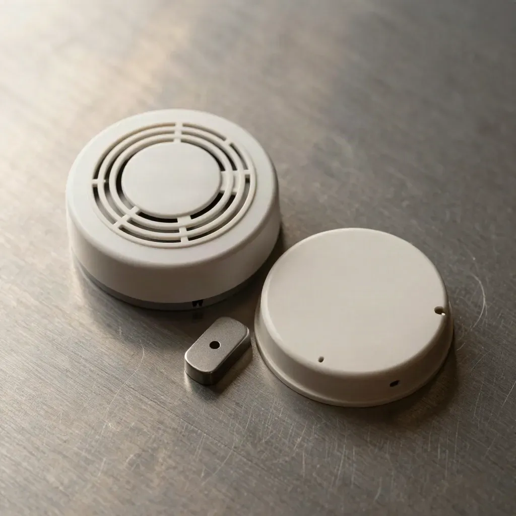 Smoke detector head, base and test magnet arranged on brushed aluminium, shot from directly above.