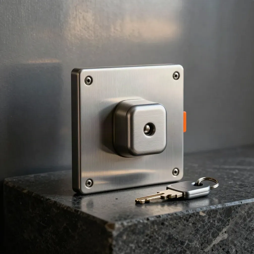 Brushed steel latch plate, maglock faceplate and key fob shell on dark stone.