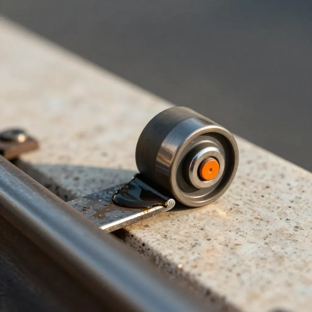 Lift roller, guide shoe insert and greased rail sample on stone, dramatic macro still life