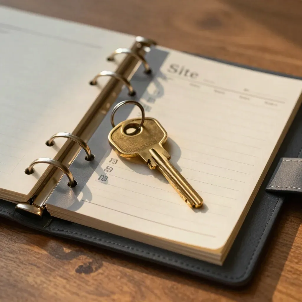 Brass lift key ring beside a closed binder and face-down schedule card on warm walnut