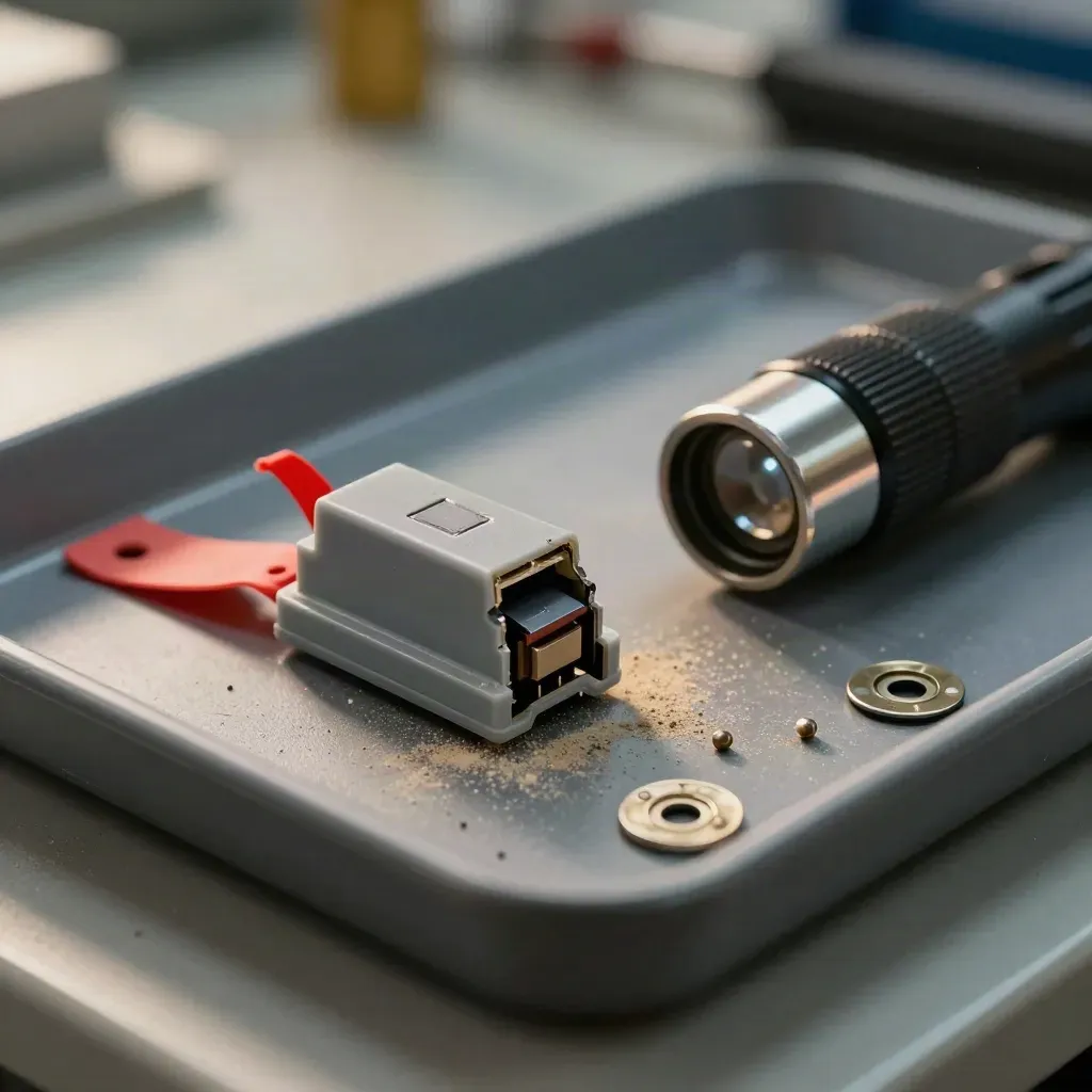 Cracked microswitch housing beside an inspection torch and red isolation clip on a graphite tray.