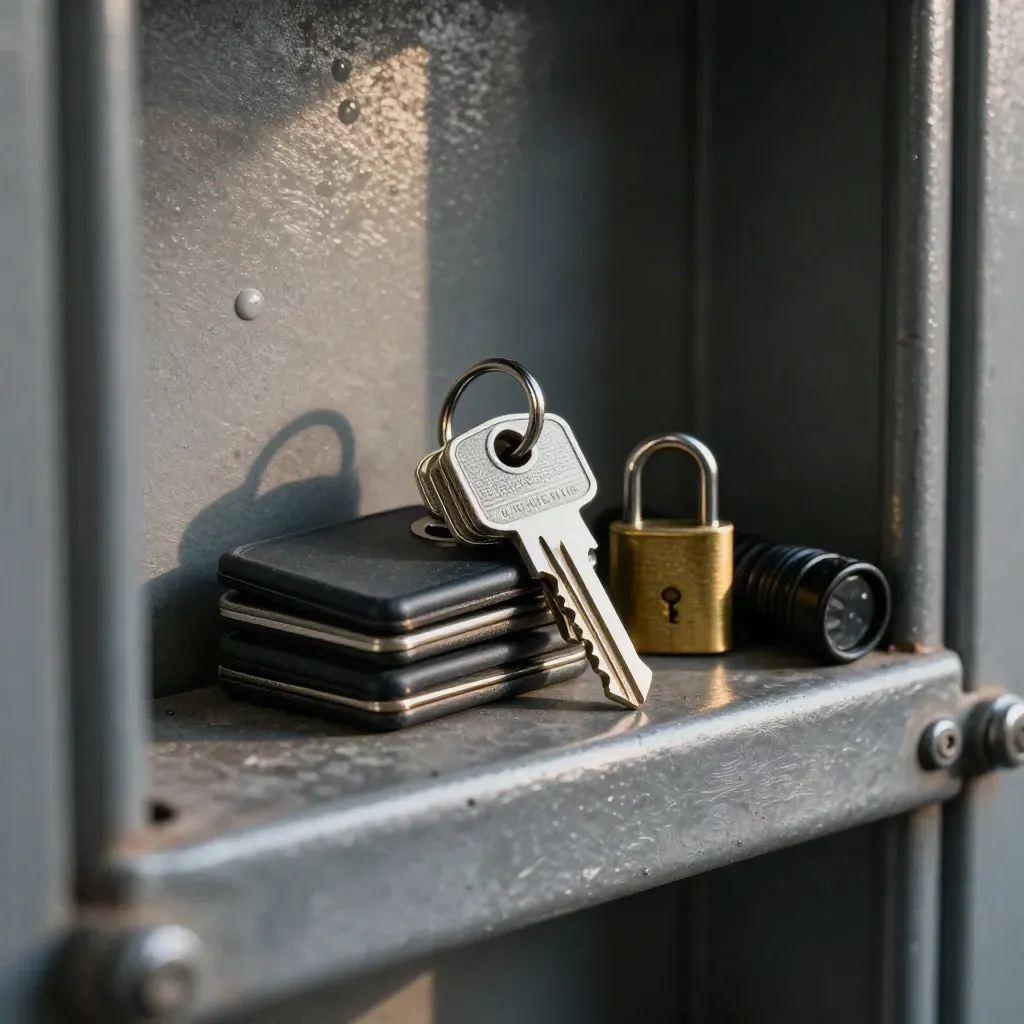 Key ring, site fobs, lockbox key and torch behind a blurred metal door guard.