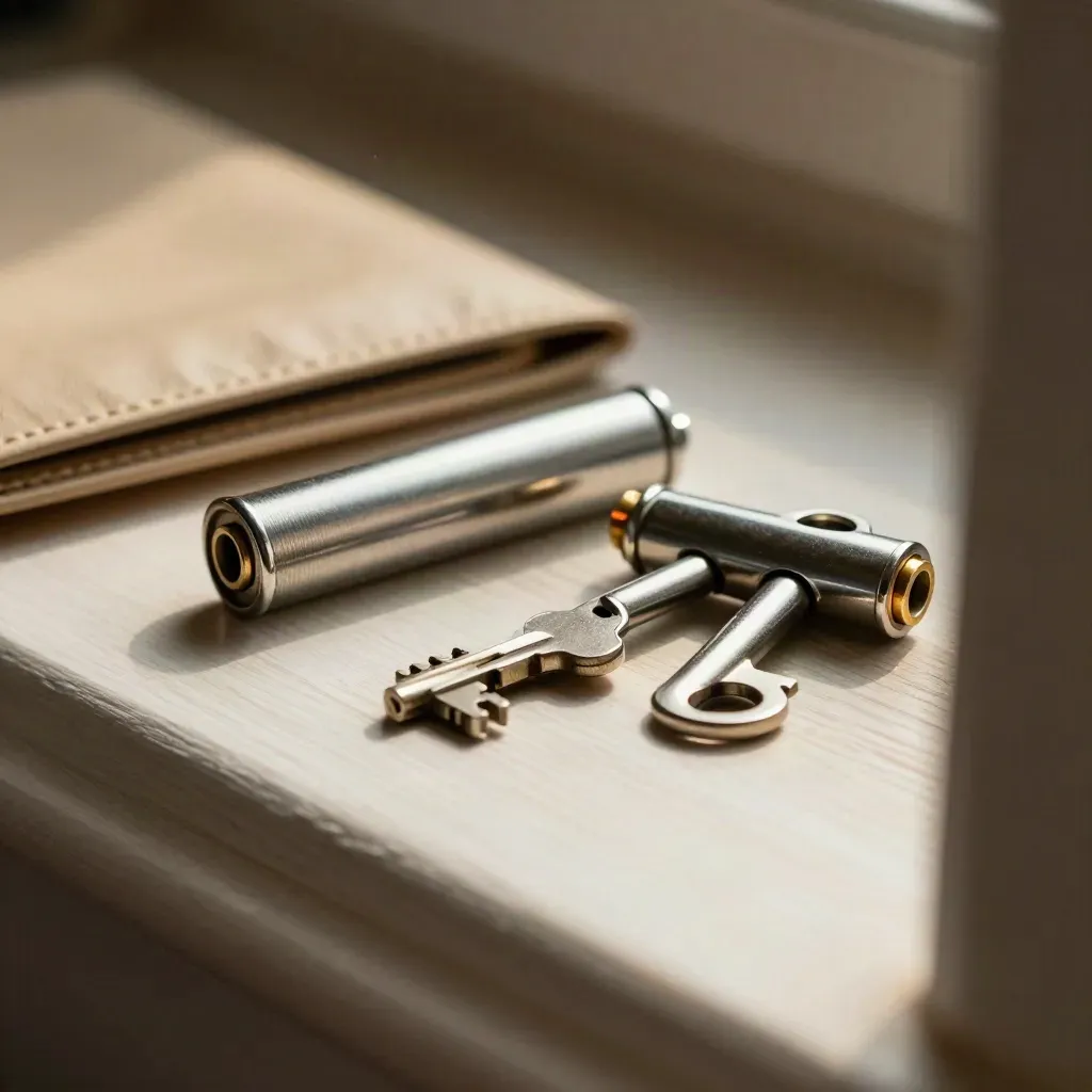 Macro of locks, a restrictor key and barrel set beside a records pouch on pale wood.