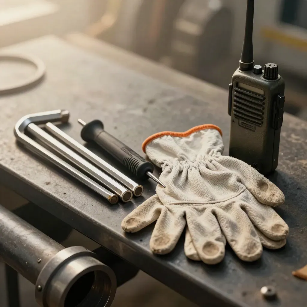 Hex keys, tester, gloves and radio on a dark bench seen through a blurred pipe flange.