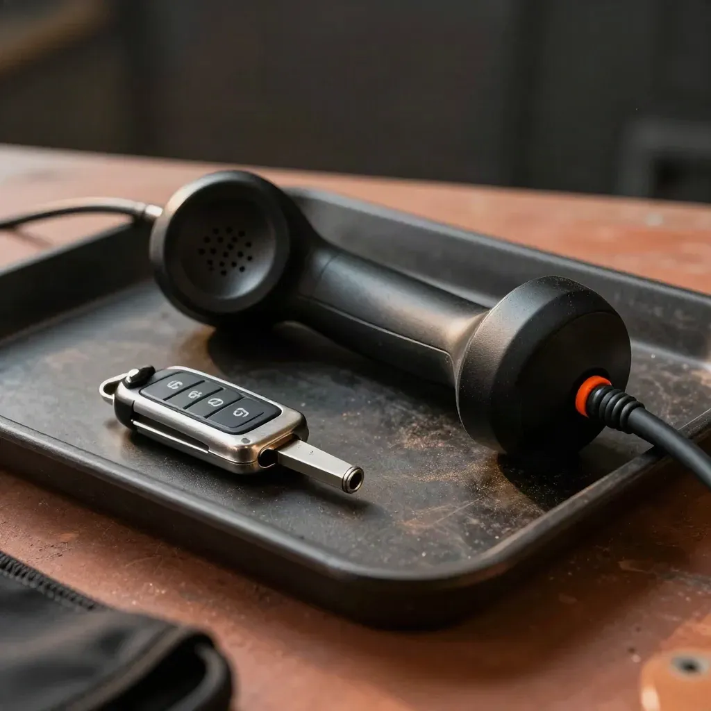 Radio handset, vehicle key clip and cable gland on a dark tray with a soft tool pouch edge.