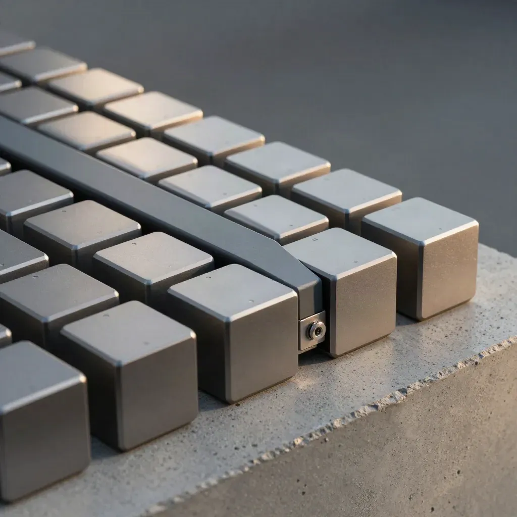 An edge-on macro of anodized cubes joined by a slate bridge on concrete.