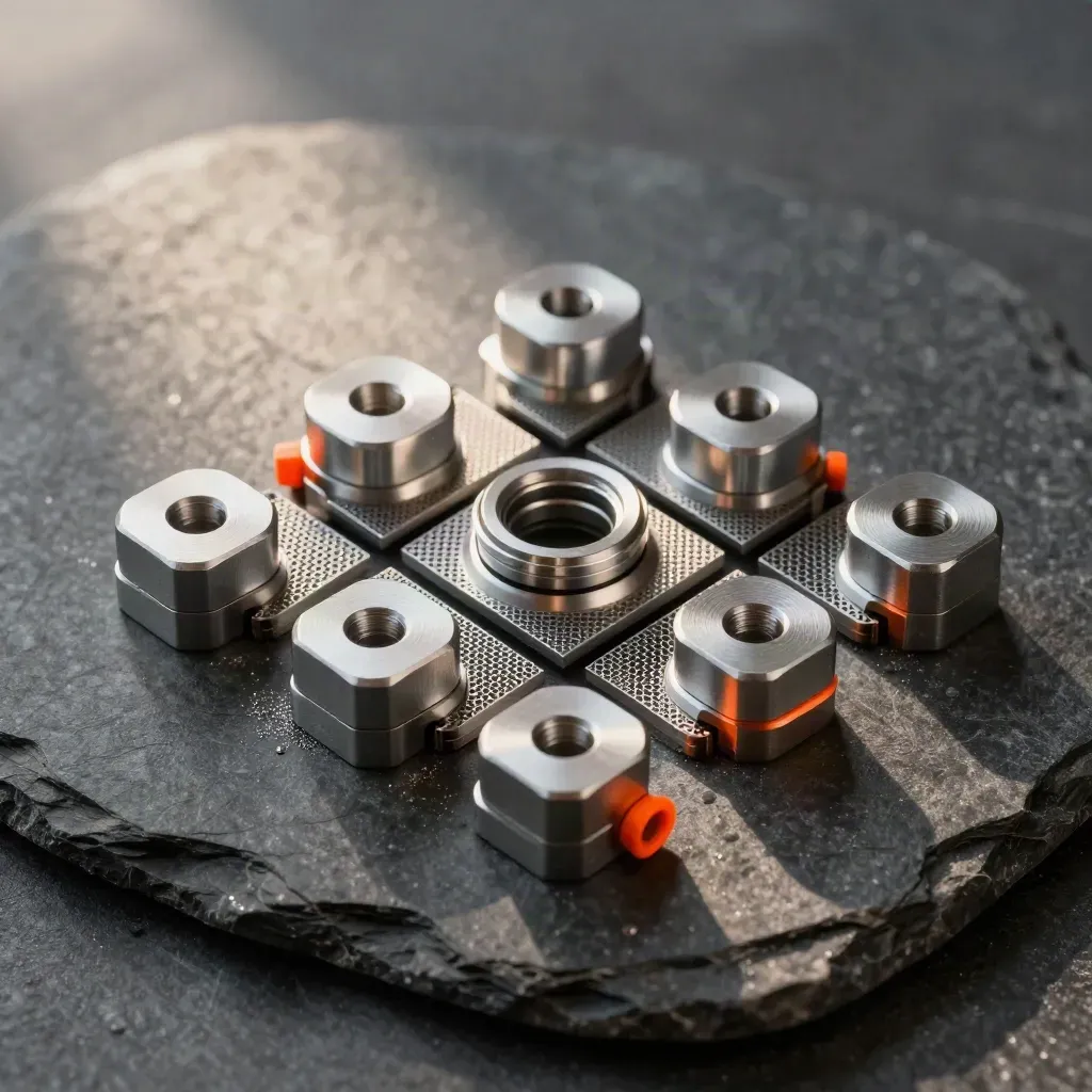 Brushed aluminium modules and a coupler on dark stone with a tiny safety-orange accent.